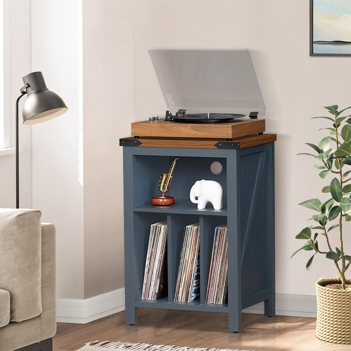 Record Player Stand with Vinyl Record Storage Holds up to 160 Albums,Large Wood Record Player Table Dispaly Shelf，Blue Turntable Stand Cabinet for Living Room,Bedroom,Office 9 Joaxswe