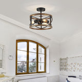 WUZUPS Chandelier 3-Light Imitation Wood Grain Vintage Farmhouse Industrial Semi-Flushmount Ceiling Light Lighting Fixture for Foyer Hallway Storage Room Kitchen Bathroom, H 9.4" W 12", Black WUZUPS