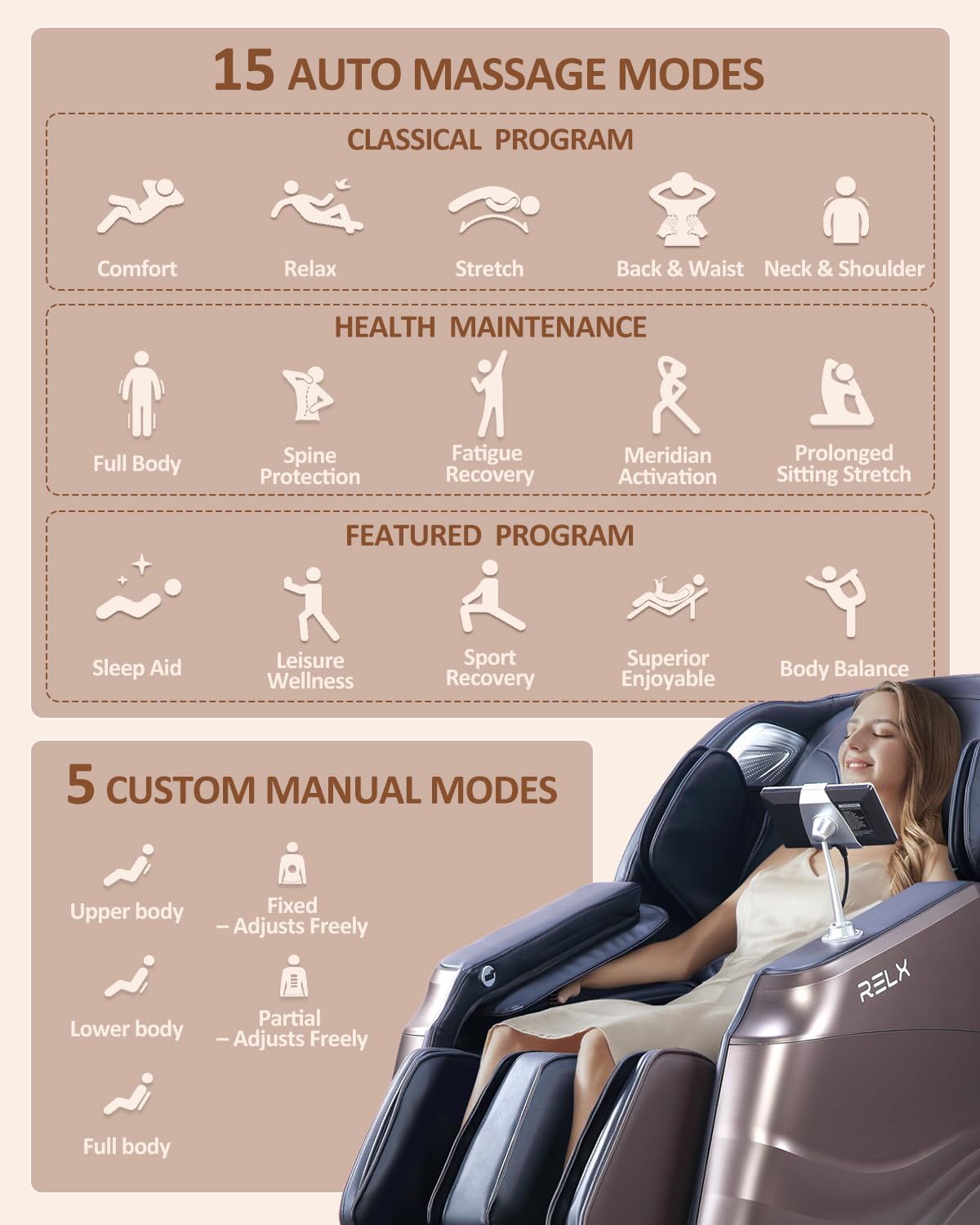 RELX 2026 Massage Chair Full Body, 20 Modes Zero Gravity SL-Track Shiatsu Massage Chair Built-in Heat System, Airbag Massage with Body Scan, Deep Yoga Stretch, Calfrest Extension and AI Control(Brown) RELX