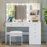 VOWNER Vanity with Lights - 47" Makeup Vanity Desk with Power Outlet, Storage Shelves and 6 Drawers, 3 Color Lighting Modes with Adjustable Brightness, Makeup Desk with Stool for Bedroom, White VOWNER