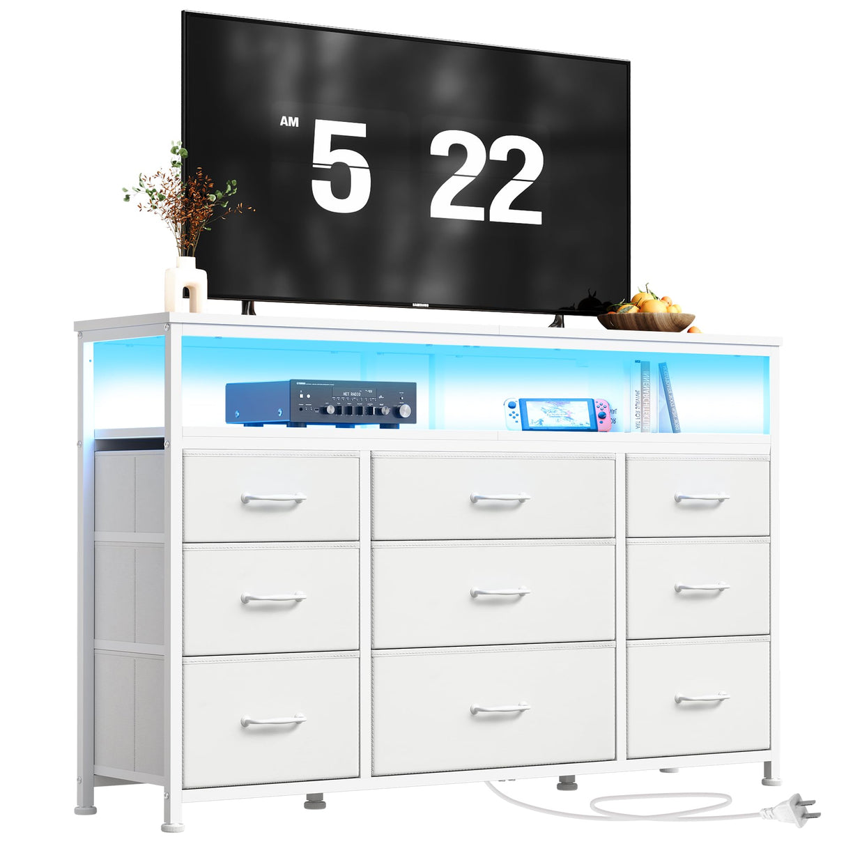 YeTom Tv Stand Dresser for Bedroom with Charging Station and LED Lights,9 Fabric Drawers White TV Stand with Open Shelf Storage,Media Console for TV ups to 55",Metal Frame,Wood Top,White YeTom