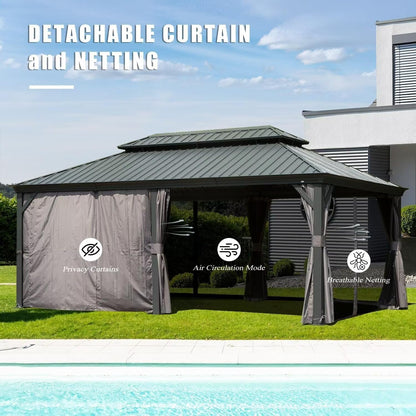 Domi 14'x22' Hardtop Gazebo Canopy,Outdoor Aluminum Gazebo with Galvanized Steel Double Roof, Extra Large Permanent Gazebo Pavilion for Patio Deck Backyard,Curtain and Netting,Grey - WoodArtSupply