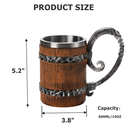 Yopay Wooden Barrel Beer Mug, Double Wall Stainless Steel Vintage Beer Cup, Handmade Medieval Cocktail Wooden Stein Drinkware with Handle, Antique Bucket Mug for Men Coffee Beverage Juice, 19OZ Yopay