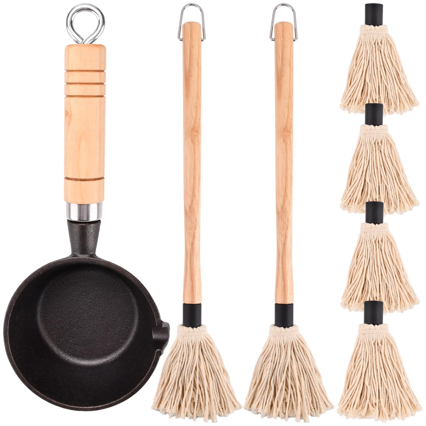 Cast Iron Sauce Pot and BBQ Mop Brush, BBQ Mop Brush 4PC Replacement Head BBQ Basting Set with Saucepan and Long Handle Brush for Grilling(brown,beige,black)