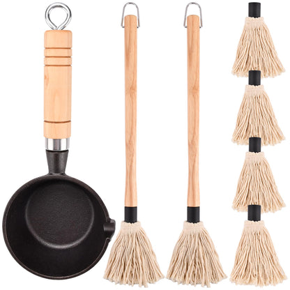 Cast Iron Sauce Pot and BBQ Mop Brush, BBQ Mop Brush 4PC Replacement Head BBQ Basting Set with Saucepan and Long Handle Brush for Grilling(brown,beige,black)