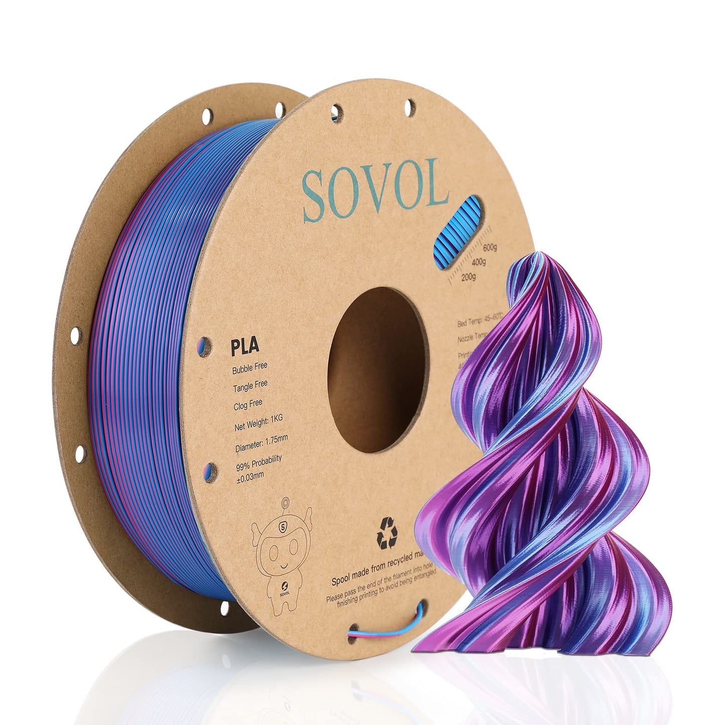 Sovol Dual Color PLA Filament 1.75mm, Silk PLA 3D Printing Material, Dual Color Filament Rose Blue 2 in 1 Coextrusion PLA Filament +/-0.02mm, 1kg/2.2lbs - WoodArtSupply