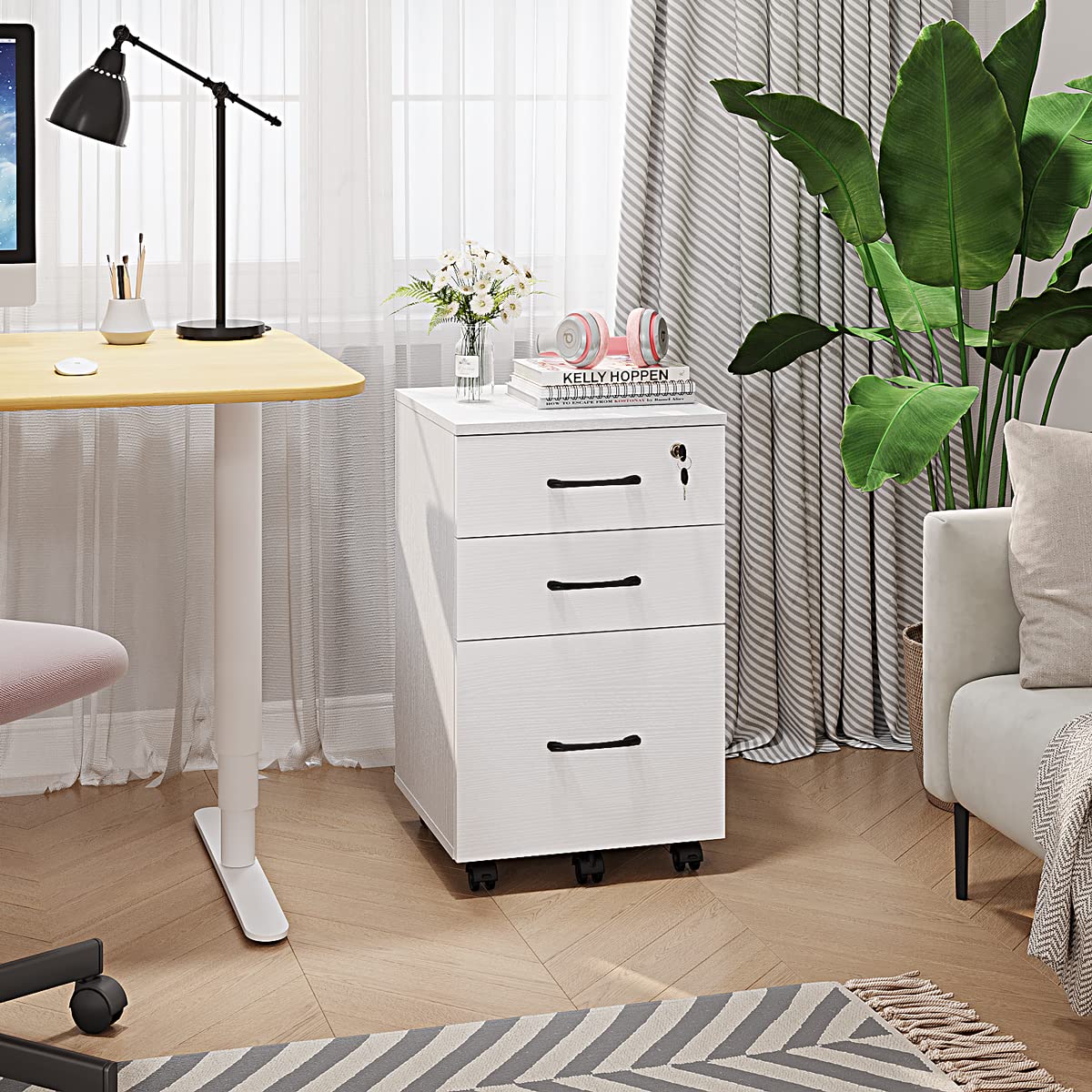 Panana 3 Drawer Wood Mobile File Cabinet, Under Desk Storage Drawers Small File Cabinet for Home Office (White) Panana