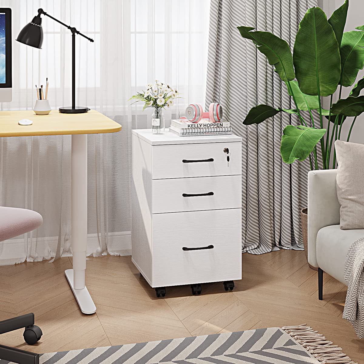 Panana 3 Drawer Wood Mobile File Cabinet, Under Desk Storage Drawers Small File Cabinet for Home Office (White) - WoodArtSupply