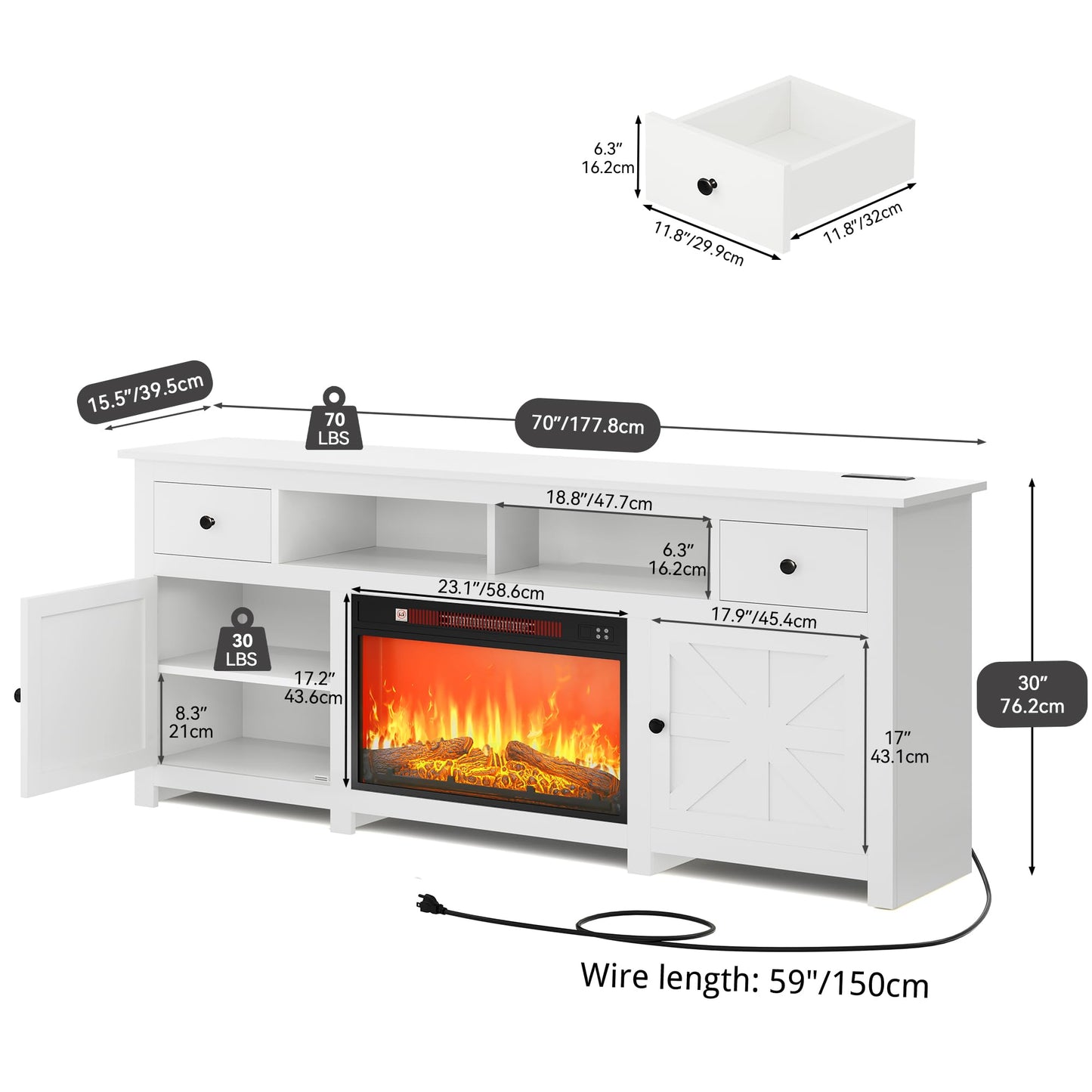 YITAHOME Fireplace TV Stand for TVs up to 80 Inches, Entertainment Center with Fireplace, Farmhouse TV Stands for Living Room, TV Console with Storage Drawers & Cabinets (White 70 Inch)