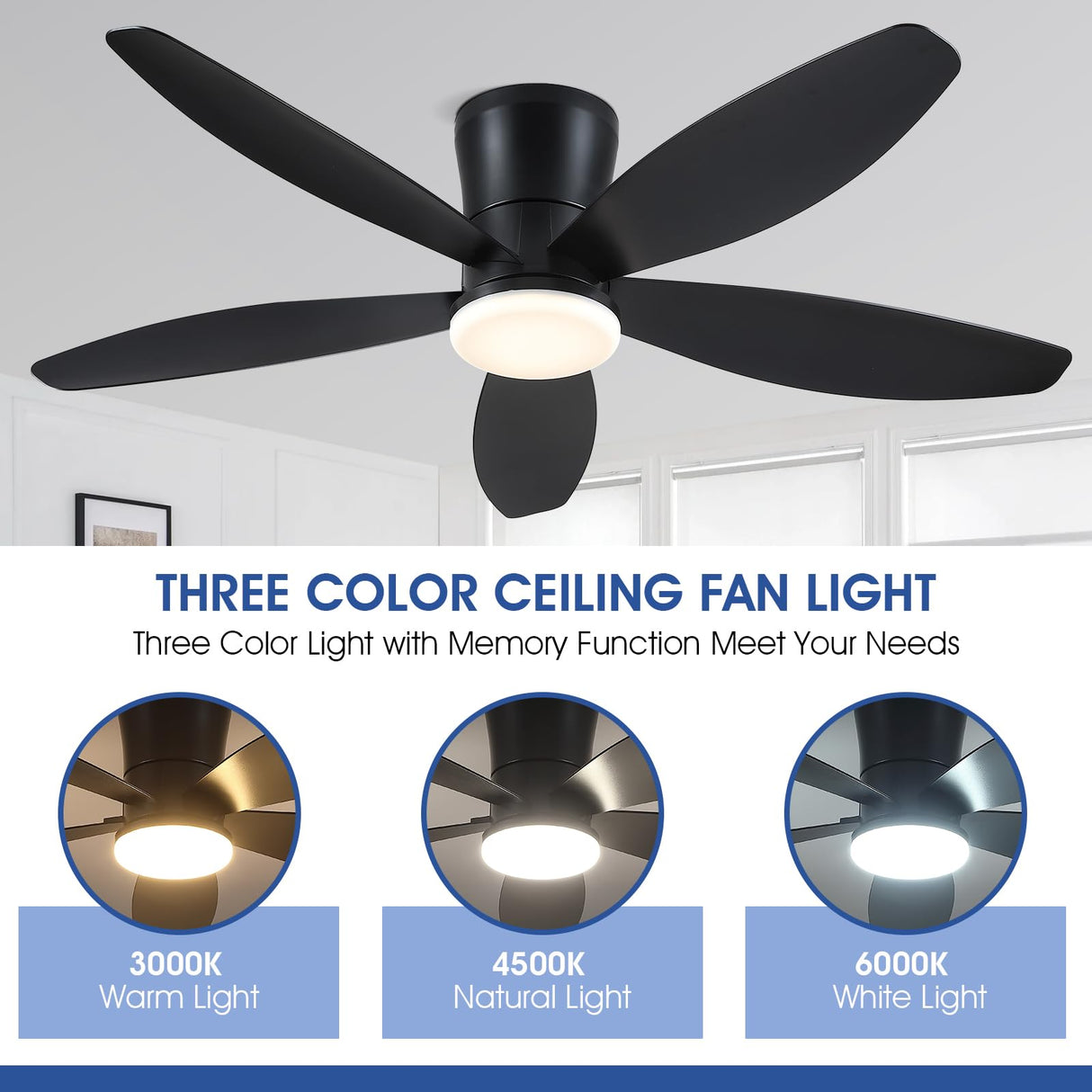 Surtime 48" Ceiling Fans with Lights-Low Profile Ceiling Fan with Light and Remote/APP Control,Flush Mount,DC Reversible,LED Dimmable Blakc Ceiling Fans for Bedroom,Indoor/Outdoor Patio Use Surtime