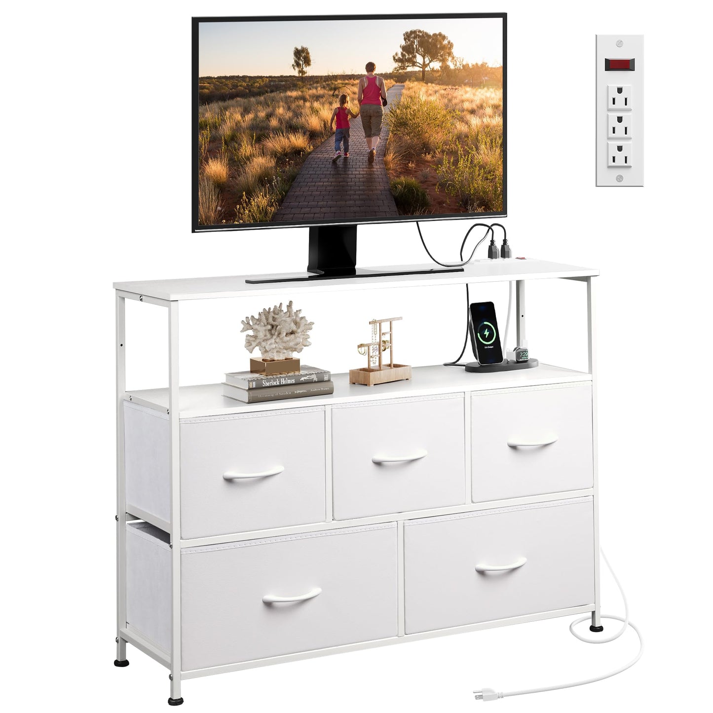 WLIVE White Dresser for Bedroom with 5 Fabric Drawers, Entertainment Center with Open Shelf and Power Outlet for 45 inch TV, Dresser TV Stand with Storage for Closet, Hallway, College Dorm