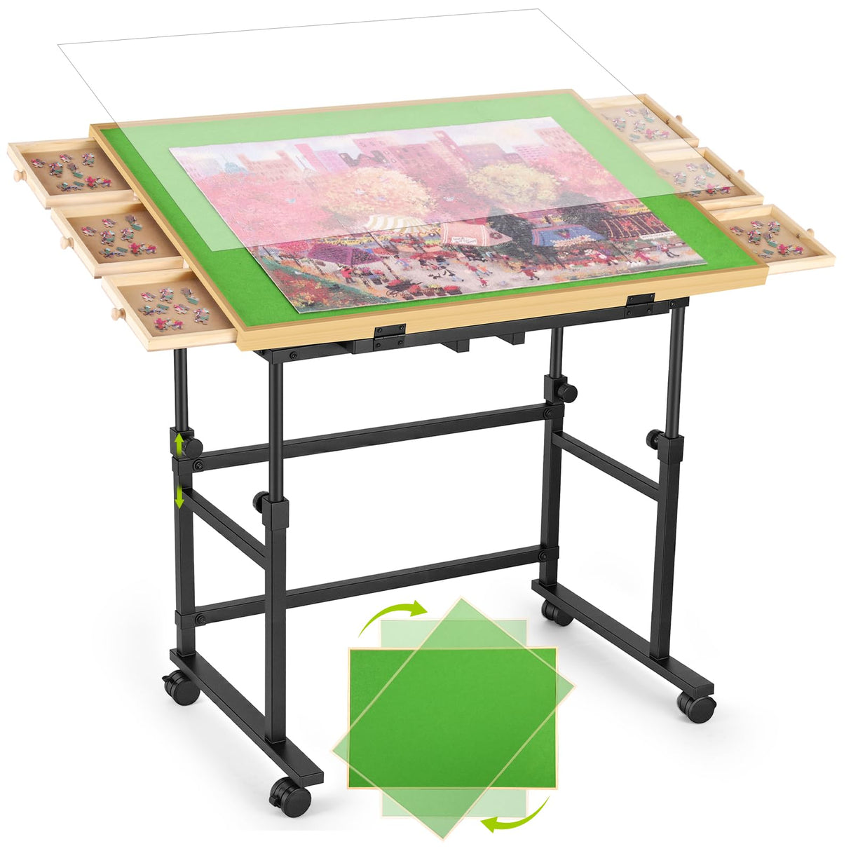 Tranqio 1500 Piece Jigsaw Puzzle Table with Metal Lazy Susan, Rotating Adjustable Height Puzzle Desk with Legs for Adults, 4-Tilting-Angle Portable Wooden Game Board with 6 Drawers & Cover Tranqio