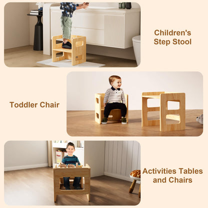 Montessori Weaning Table and Chair Set for Toddler and Babyt, Kids Table and Chair Set- Solid Wood Toddler Furniture with Adjustable Height, Step Stool, for 1-3 Year Old Kids - Natural - WoodArtSupply