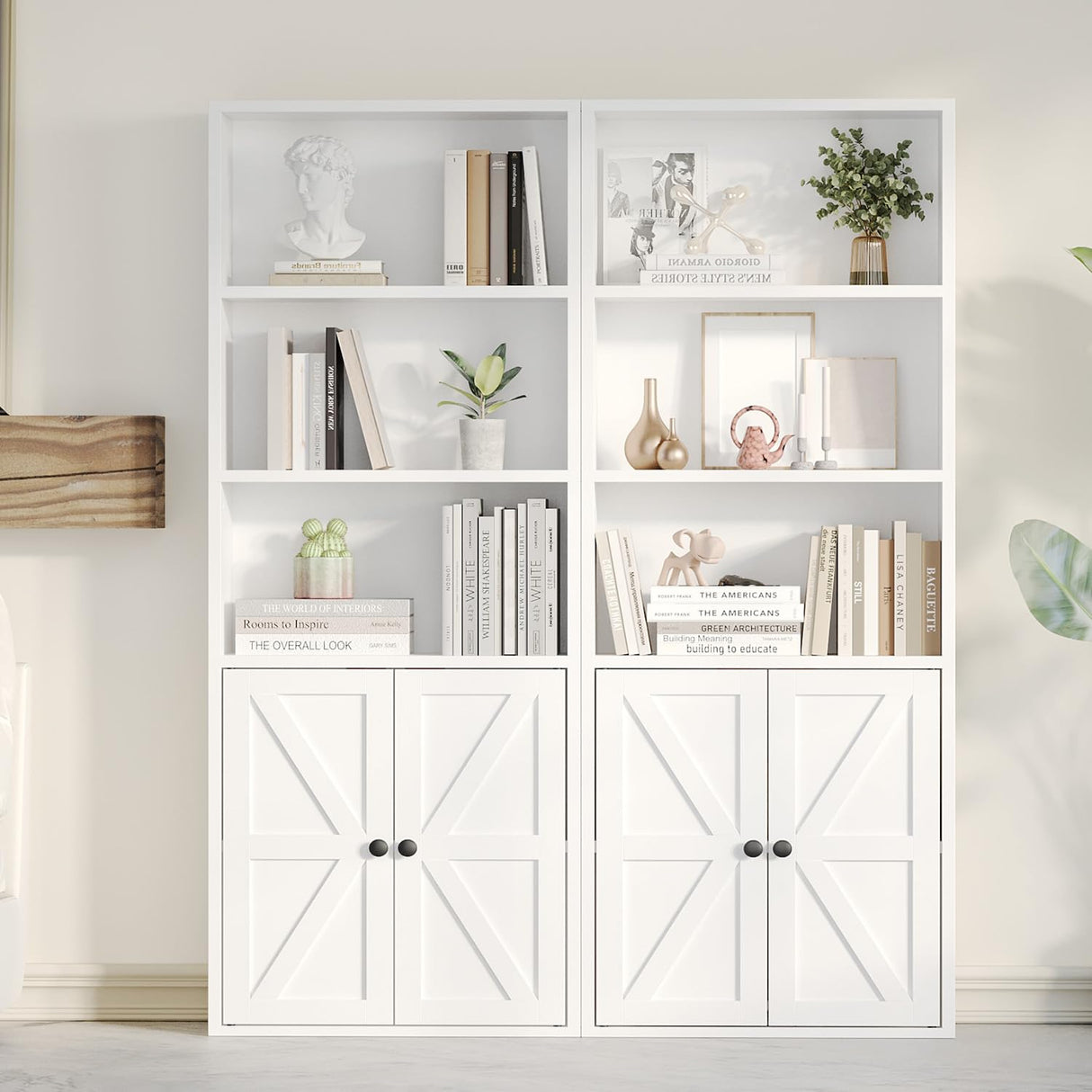 oneinmil 5 Tier Bookshelves and Bookcase with Doors Industrial Set of 2 Double Wide Floor Standing Book Shelf 59" Tall Display Shelves Bookshelf with Storage Cabinets for Living Room, White oneinmil