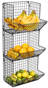 Sorbus Hanging Fruit Basket Wall Mounted Wire Metal Bins - 3 Tier Storage Basket Organizer for Kitchen Storage, Great for Produce Fruits & Vegetables, Potato Onion Storage Bathroom Tower (Black) Sorbus