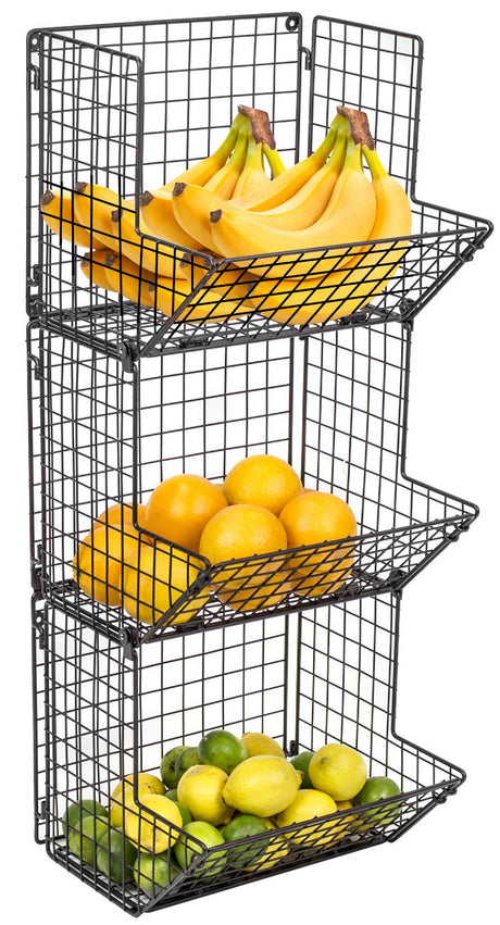Sorbus Hanging Fruit Basket Wall Mounted Wire Metal Bins - 3 Tier Storage Basket Organizer for Kitchen Storage, Great for Produce Fruits & Vegetables, Potato Onion Storage Bathroom Tower (Black) Sorbus