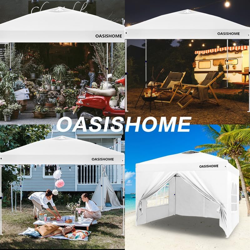 OASISHOME Pop-up Gazebo Instant Portable Canopy Tent 10'x10', with 4 Sidewalls, Windows, Wheeled Bag, for Patio/Outdoor/Wedding Parties and Events (10FTx10FT, White) OASISHOME