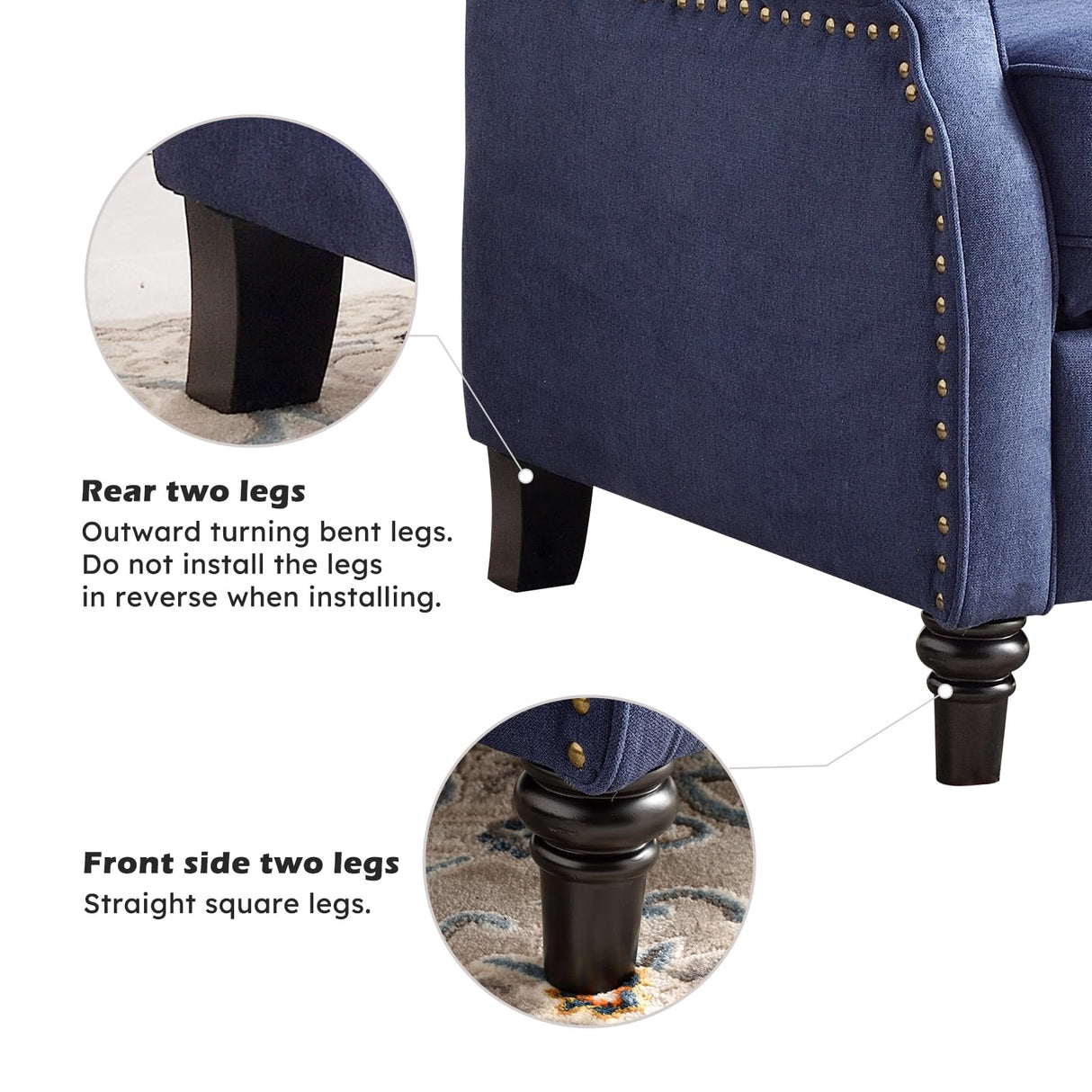 IOMOR Push Back Recliner Chair Fabric Lounge Armchair Pushback Recliner with Rivet Decoration Wingback Single Sofa Chair with Padded Seat for Living Room, Bedroom (1, Navy) IOMOR