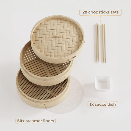 Prime Home Direct Bamboo Steamer Basket 10-inch | 2-Tier Steamer for Cooking | 50 Liners, Chopsticks, Sauce Dish | Dumpling Steamer, Food Steamer Baskets for Cooking - Rice & Vegetable Steamer Pot Prime Home Direct
