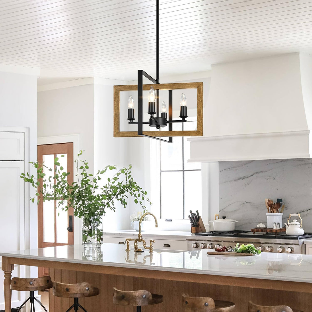 17" Farmhouse Chandelier, 4-Light Rustic Chandelier for Dining Room Light Fixture, Adjustable Wood Hanging Light Fixture for Living Room, Kitchen, Foyer, Bedroom and Entryway Lynnoland