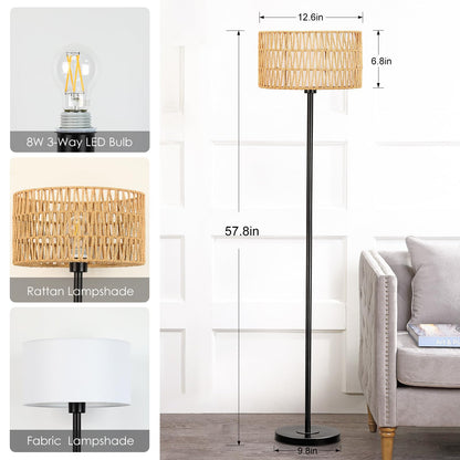 Rattan Floor Lamps for Living Room, Rattan Boho Floor Lamp, Black Metal Floor Lamp with LED Bulb, Rattan Fabric Double Shades, Farmhouse Rustic Floor Lamp, Standing Lamp for Living Room Bedro - WoodArtSupply