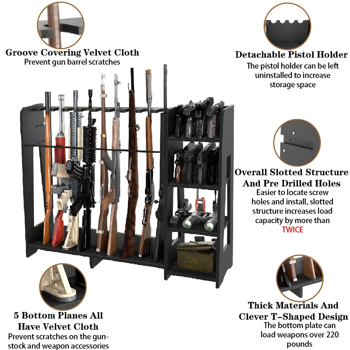 Prometis Gun Storage Racks - Freestanding Floor Wooden Rifle Rack with Pistol Shelves, 9+8 Slots Adjustable Height Storage Solutions and Gun Room Display Stand, Holds up to 9 Long Guns and 8 Handguns Prometis