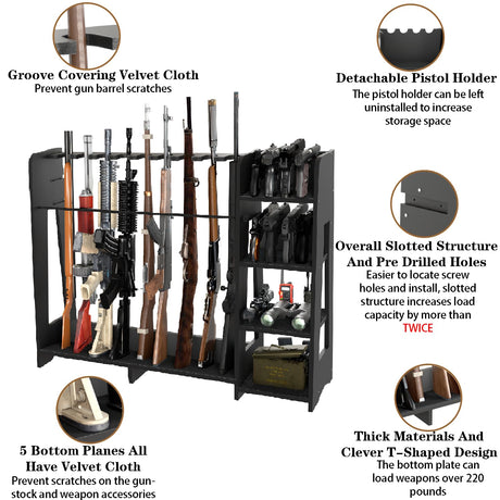 Prometis Gun Storage Racks - Freestanding Floor Wooden Rifle Rack with Pistol Shelves, 9+8 Slots Adjustable Height Storage Solutions and Gun Room Display Stand, Holds up to 9 Long Guns and 8 Handguns Prometis