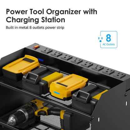 CCCEI Set Power Tool Organizer Wall Mount with Charging Station. Garage 4 Drill Storage Shelf with Hooks, Heavy Duty Metal Tool Battery Charger Organizer. Shop Utility Rack with Power Strip B - WoodArtSupply