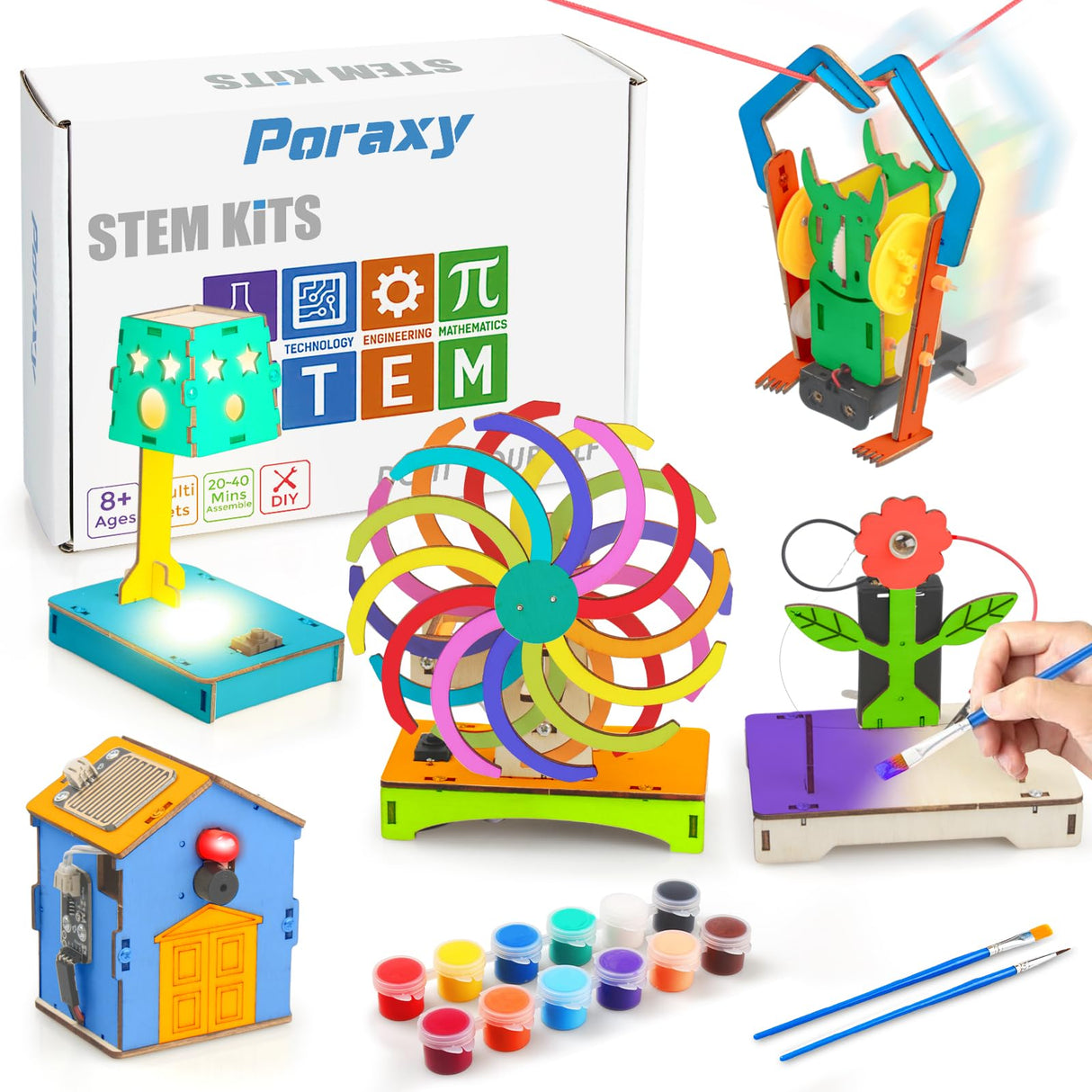 Poraxy 5 in 1 STEM Kits for Kids Age 8-10, Wooden 3D Puzzles, Arts Crafts Science Kits for 8-12, Educational Projects Building Toys, Birthday Gifts for Boys and Girls 7 8 9 10 11 12 13 14 Years Old Poraxy