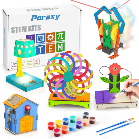 Poraxy 5 in 1 STEM Kits for Kids Age 8-10, Wooden 3D Puzzles, Arts Crafts Science Kits for 8-12, Educational Projects Building Toys, Birthday Gifts for Boys and Girls 7 8 9 10 11 12 13 14 Years Old Poraxy