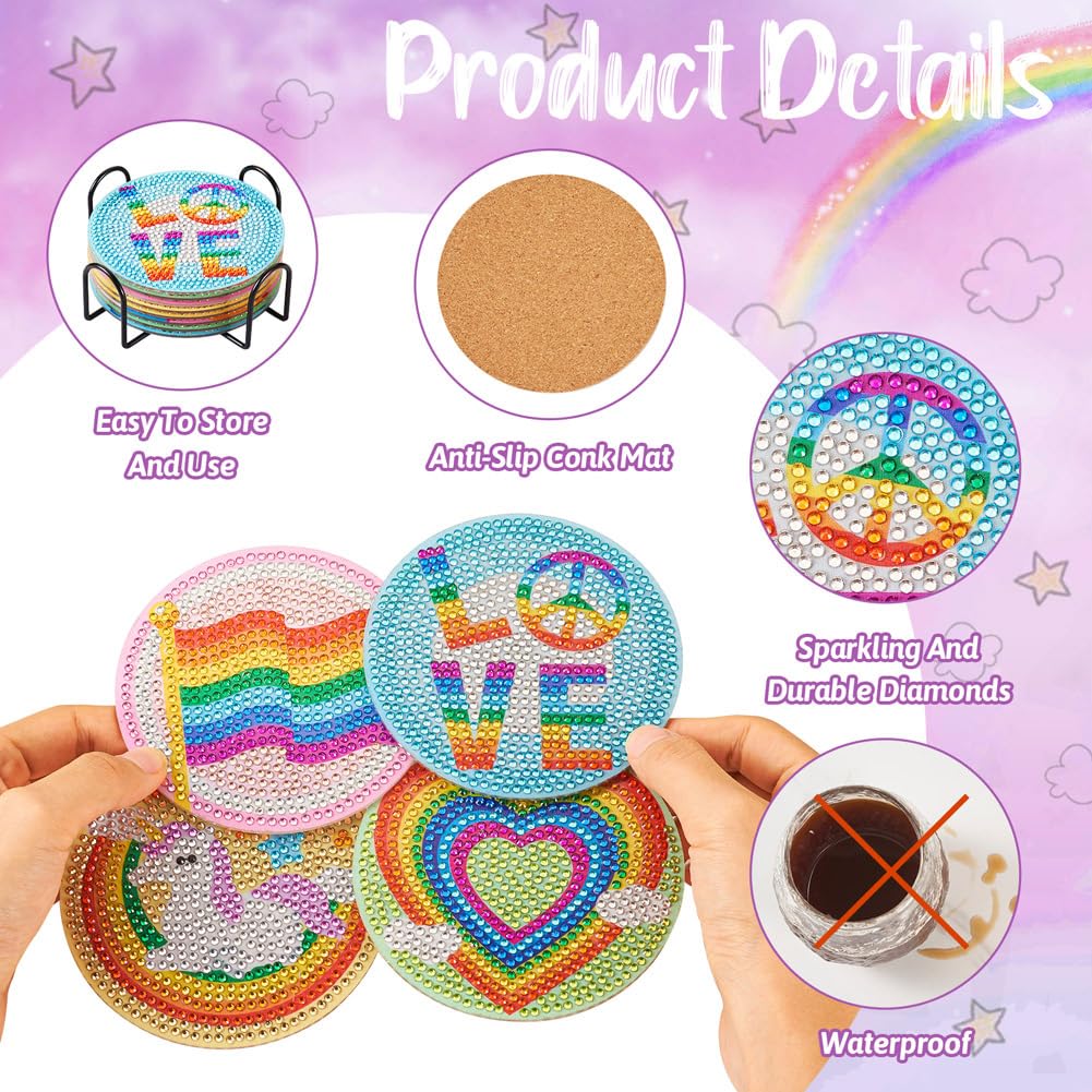 FASHEWELRY 8pcs Rainbow Diamond Painting Coaster Kit Diamond Art Crafts LGBT Pride Diamond Dot Coasters for Beginners, Adults FASHEWELRY