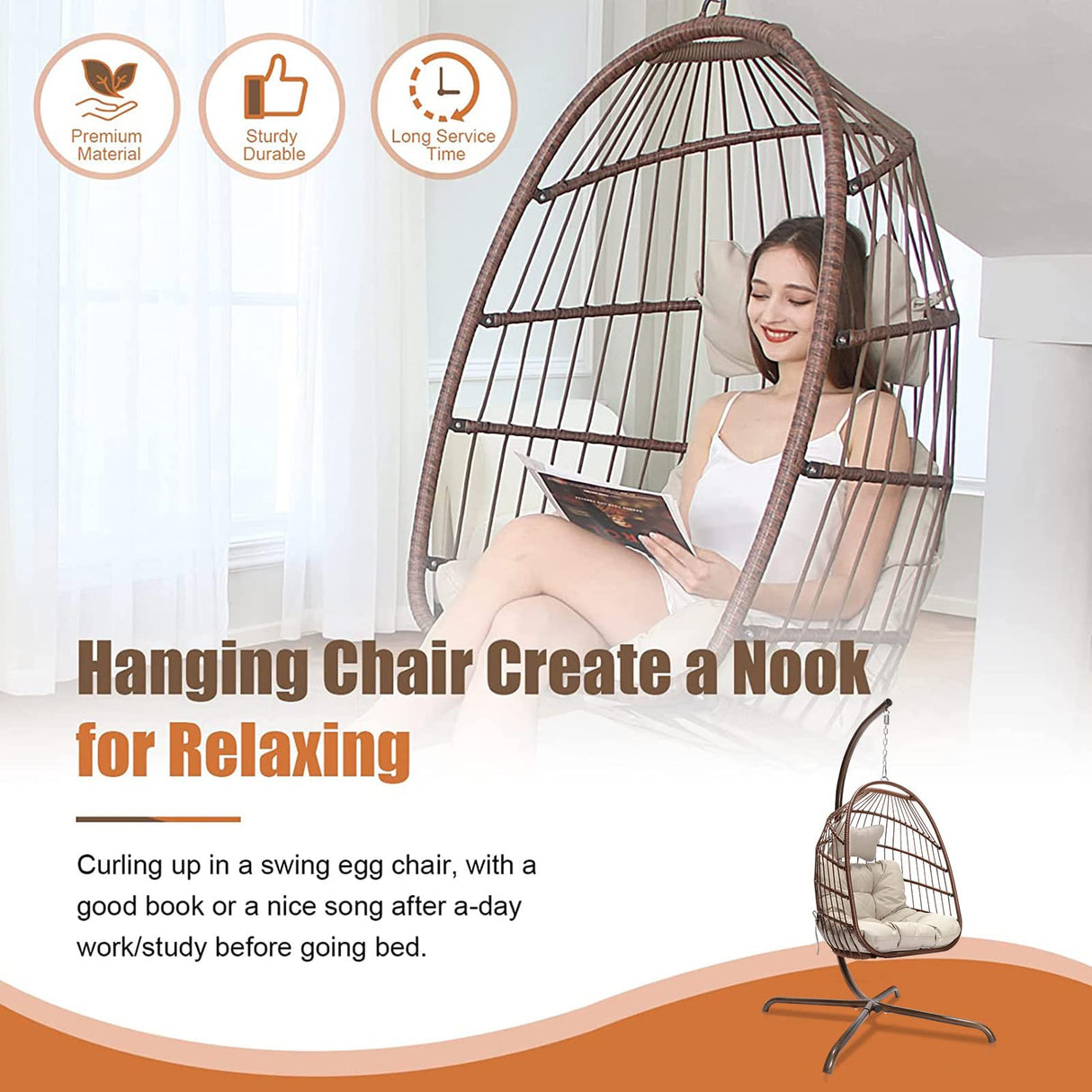 NICESOUL Swing Egg Chair with Stand Indoor Outdoor, Comfy Rattan Patio Basket Hanging Chair with Cushion & Pillow, 350lbs Weight Capacity Egg Hammock Chairs with Base for Bedroom Balcony, Brown NICESOUL