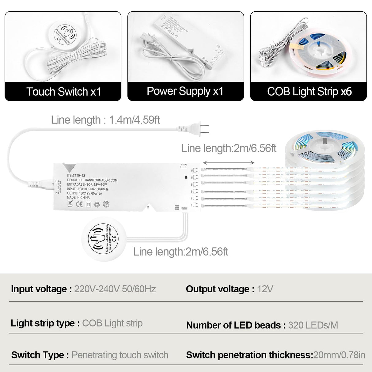 Under Cabinet COB LED Light Strip Kit,12V 6 Rolls 3.3FT White COB LED Strip Lights with Penetrable Wooden Board Hidden Touch Sensor Switch for DIY Kitchen,Wardrobe,Shelf,Display Cabinet Ligting Living Amazy