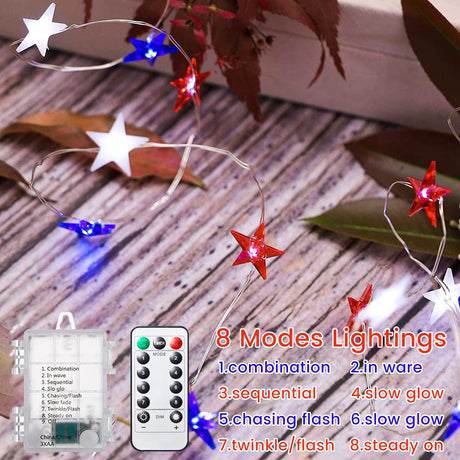 4th of July Decorations Red White and Blue String Lights Battery Operated 16FT 50 LED Patriotic Fairy Lights with Timer & Remote for Independence Day Memorial Day Fourth of July Decor for Home Ineximun