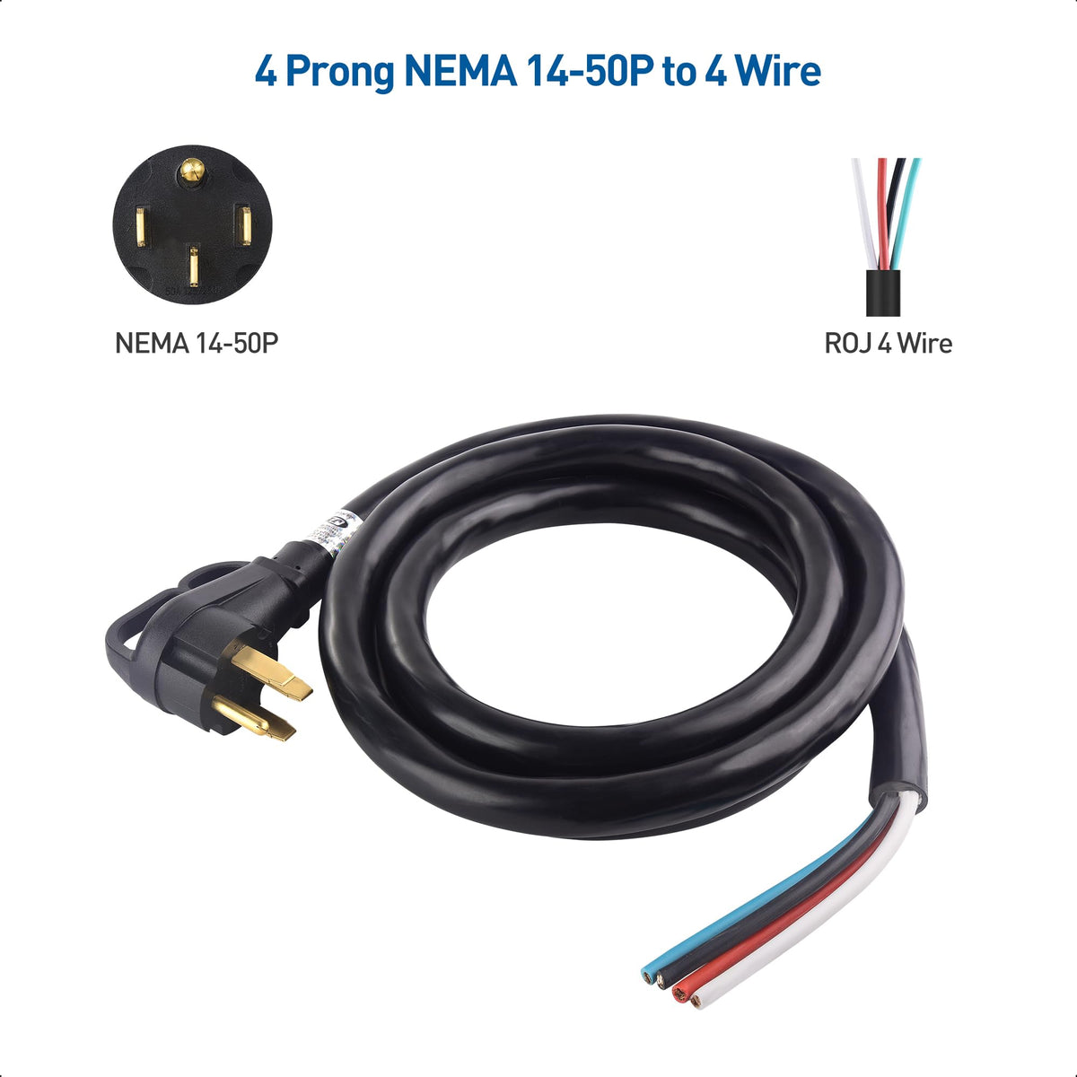 Cable Matters 4 Prong Replacement 50 AMP RV Power Cord 10 ft, 6/8 AWG, Generator Extension Cord/Generator Power Cord, Compatible with Tesla Charger/EV Charger / J1772 Charger (NEMA 14-50P to 4 Wire) Cable Matters