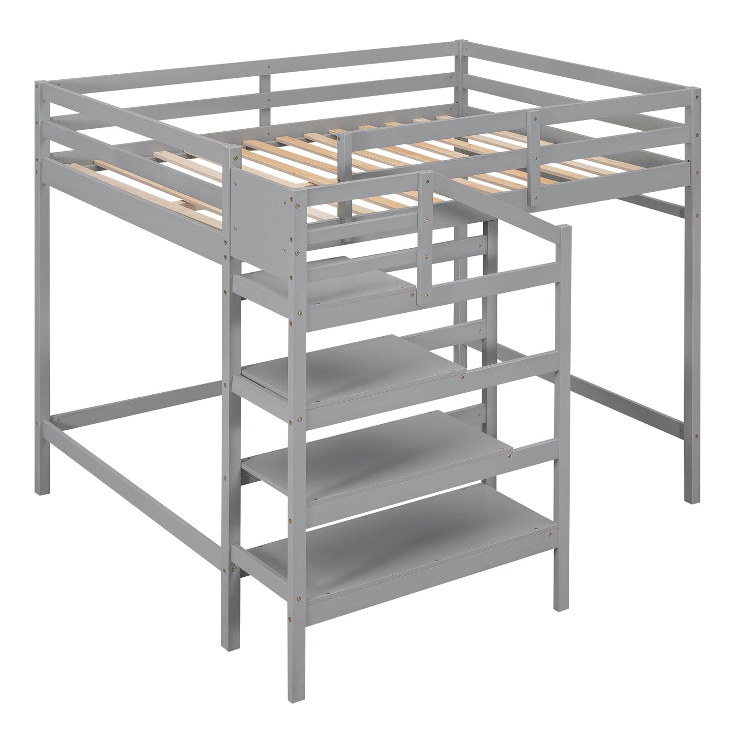 SOFTSEA Grey Full Size Loft Bed with Storage Stairs and Hanger for Kids and Adults - WoodArtSupply