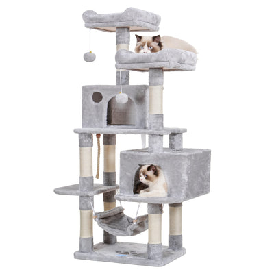 Hey-brother Multi-Level Cat Tree Condo Furniture with Sisal-Covered Scratching Posts, 2 Plush Condos, Perch Hammock for Kittens, Cats and Pets, Light Gray MPJ020-SW