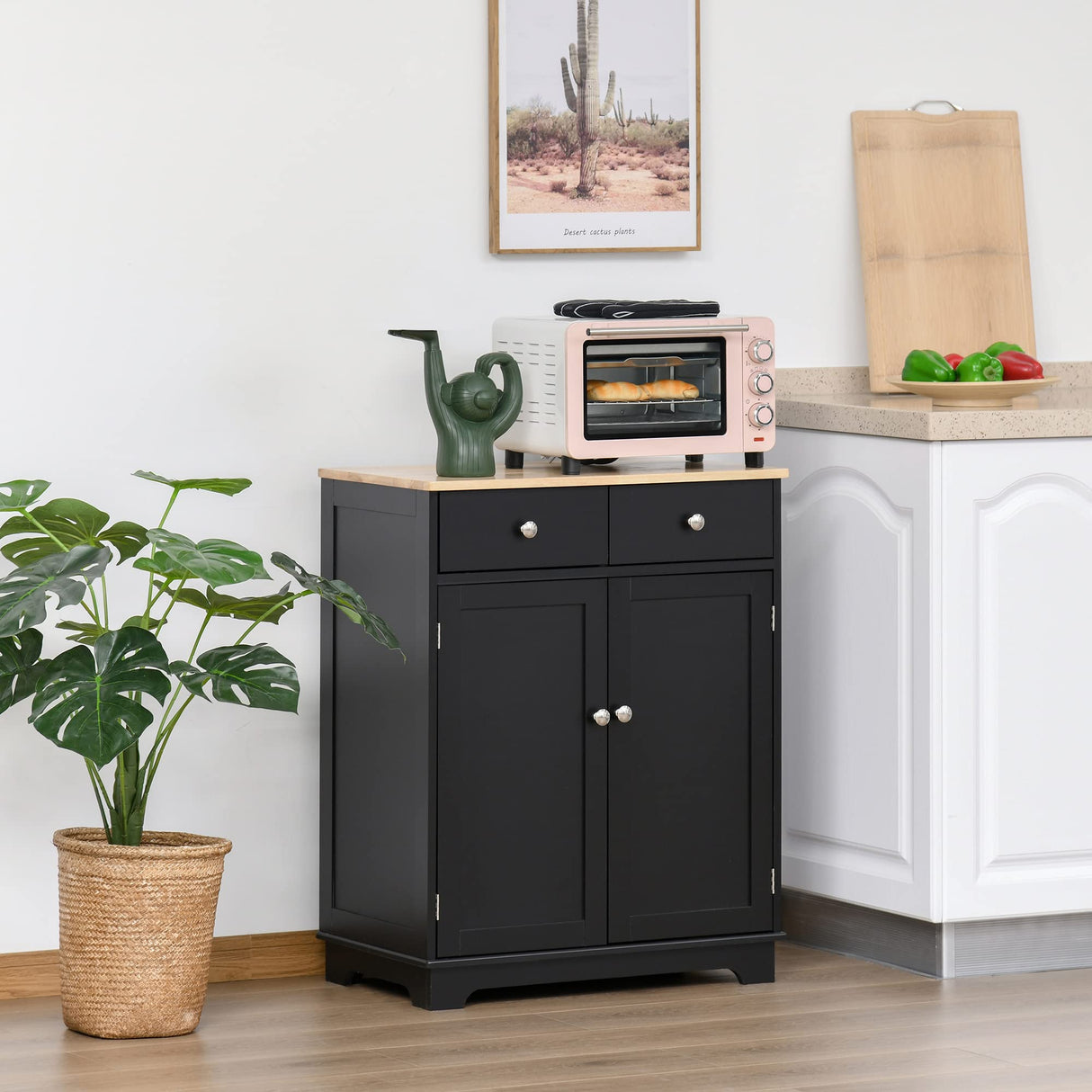 HOMCOM Sideboard with Solid Wood Countertop, Modern Kitchen Storage Cabinet, Coffee Bar Cabinet with 2 Drawers, Doors and Adjustable Shelf, Black HOMCOM