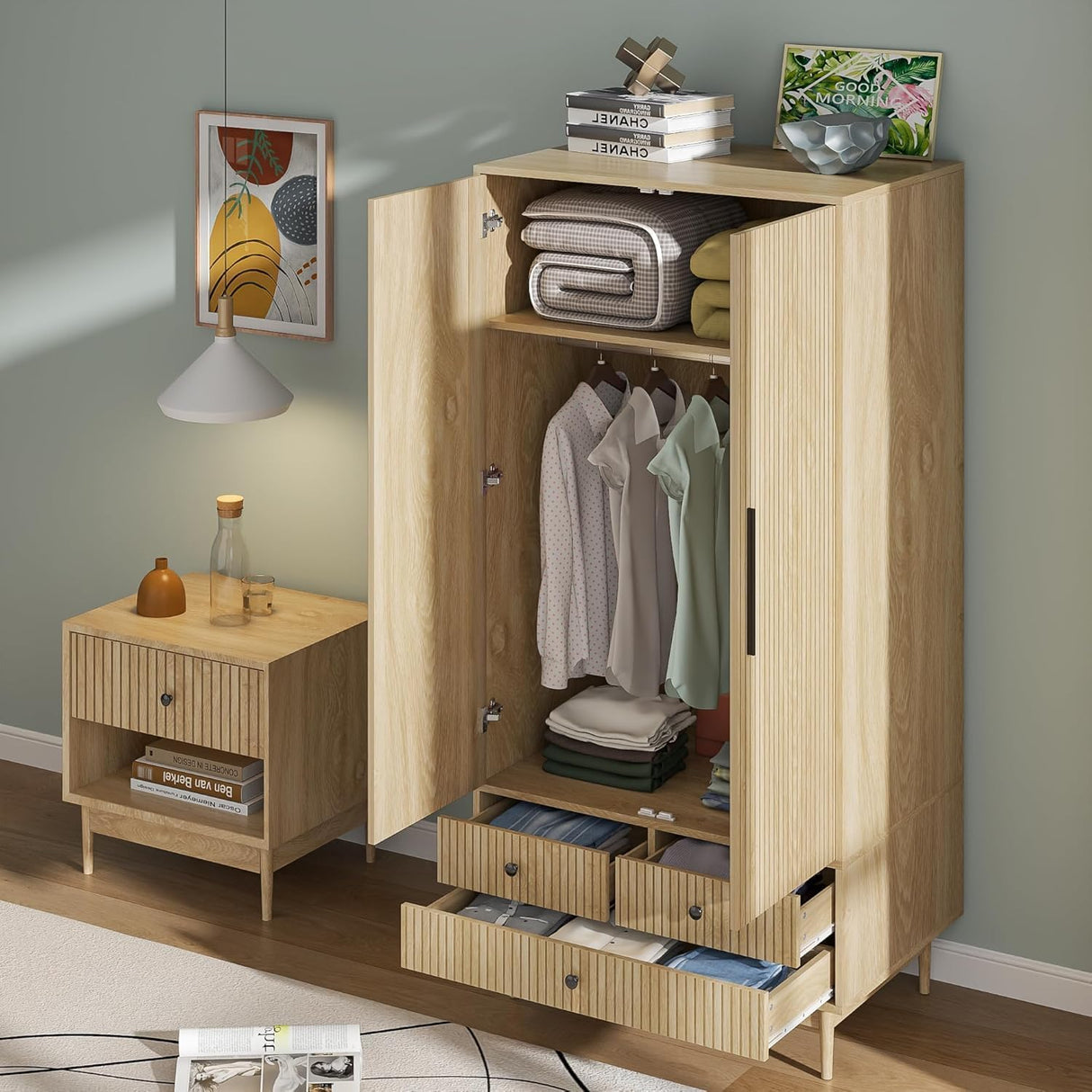 Fsbecl Armoire Wardrobe Closet with Drawers and 2 Fluted Doors 64.96 in Farmhouse Closet Wardrobe Cabinet with Hanging Rod Freestanding Wooden Bedroom Armoire Storage Cabinet with Shelf (Wood Color) Fsbecl