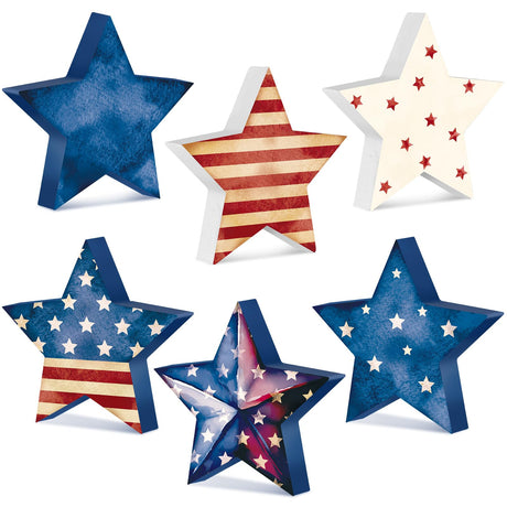 Beeveer 6 Pcs 4th of July Wooden Stars Signs Star Tiered Tray Decor Red Blue White Wood Star Shape Table Blocks for Party Home Office Table Shelf Decor for Independence Day(Patriotic Style) Beeveer