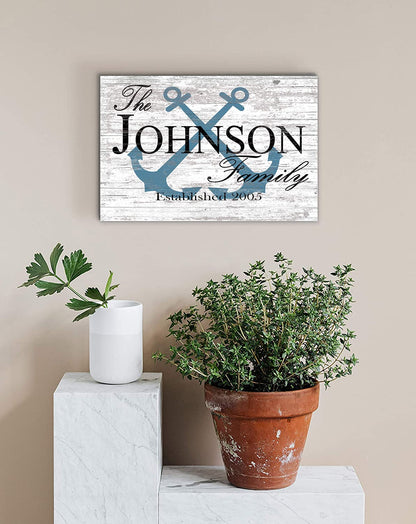 CUSTOM Beach House Sign or Lake Home Sign - Name and Established Date - Solid Wood - 16.5in x 10.5in (Anchor Slate Blue) - WoodArtSupply