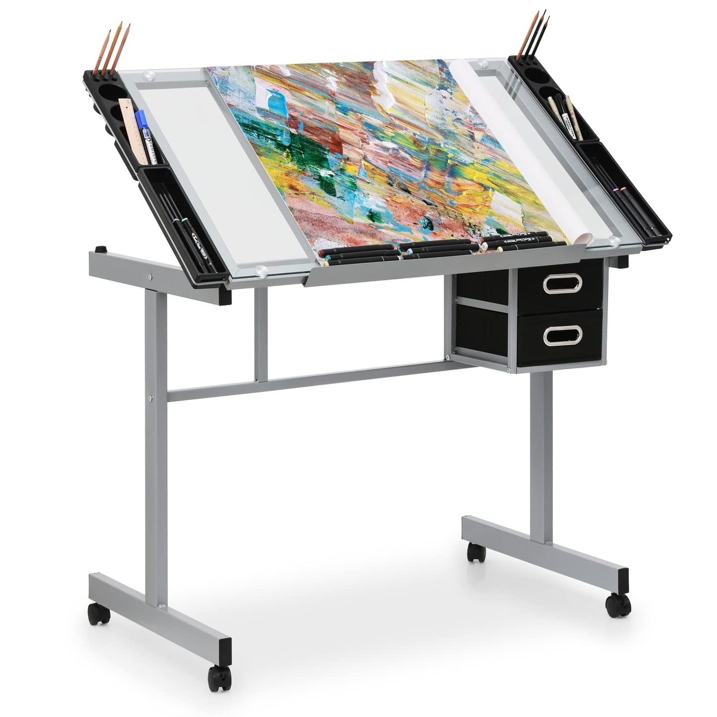 MoNiBloom Drafting Table on Wheels with Storage & Side Tray - Adjustable 0-65° Glass Tabletop, Replaceable Feet Art Desk - WoodArtSupply