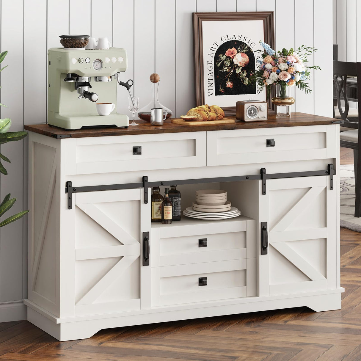 PLYFOU 55" Farmhouse Buffet Cabinet, Kitchen Sideboard with Sliding Barn Doors and 4 Drawers, Rustic Wood Storage Cabinet with Adjustable Shelves, 35'' Tall Coffee Bar Table for Dining Room, White PLYFOU