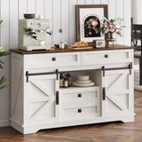 PLYFOU 55" Farmhouse Buffet Cabinet, Kitchen Sideboard with Sliding Barn Doors and 4 Drawers, Rustic Wood Storage Cabinet with Adjustable Shelves, 35'' Tall Coffee Bar Table for Dining Room, White PLYFOU