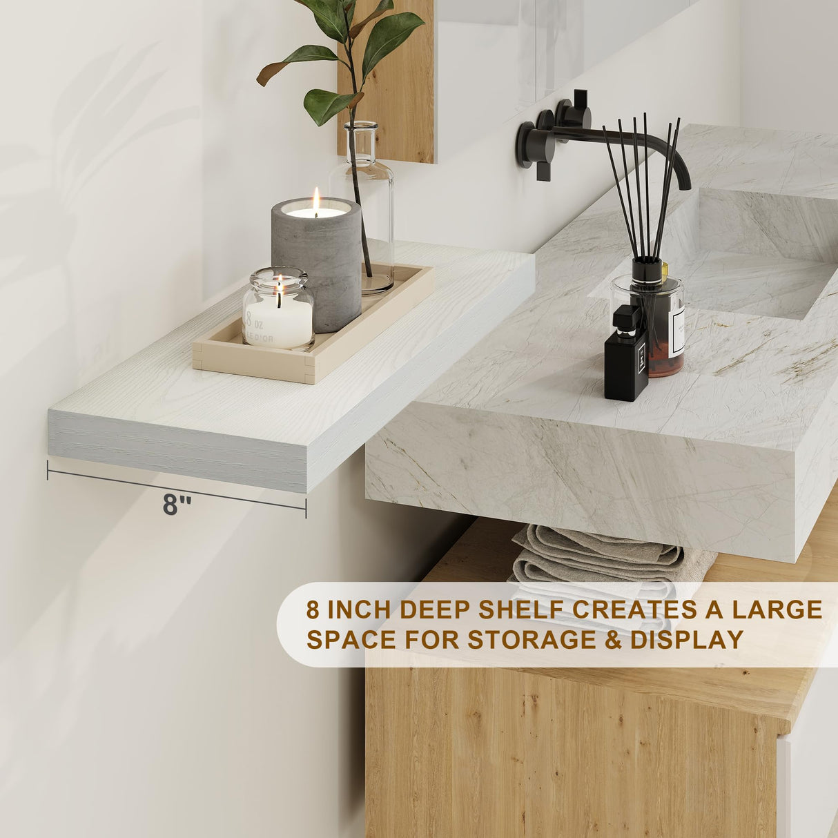 55 Inch Floating Shelf - Rustic Wood Shelves for Wall - 8 Inch Deep Floating Shelves - 55 Inch Fireplace Mantel Shelf - Wall Mounted Wooden Display Shelf- White - Set of 1 Fun Memories