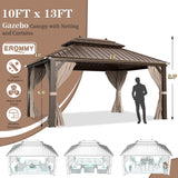 EROMMY 10'x13' Hardtop Gazebo, Galvanized Steel Outdoor Aluminum Canopy with Netting and Shaded Curtains, Double Roof Pergolas, Permanent Metal Pavilion for Patio, Backyard, Deck and Lawns, Brown EROMMY