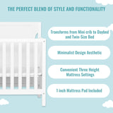 Dream On Me Bellport 4 in 1 Convertible Mini/Portable Crib In White, Non-Toxic Finish, Made of Sustainable New Zealand Pinewood, With 3 Mattress Height Settings Dream On Me