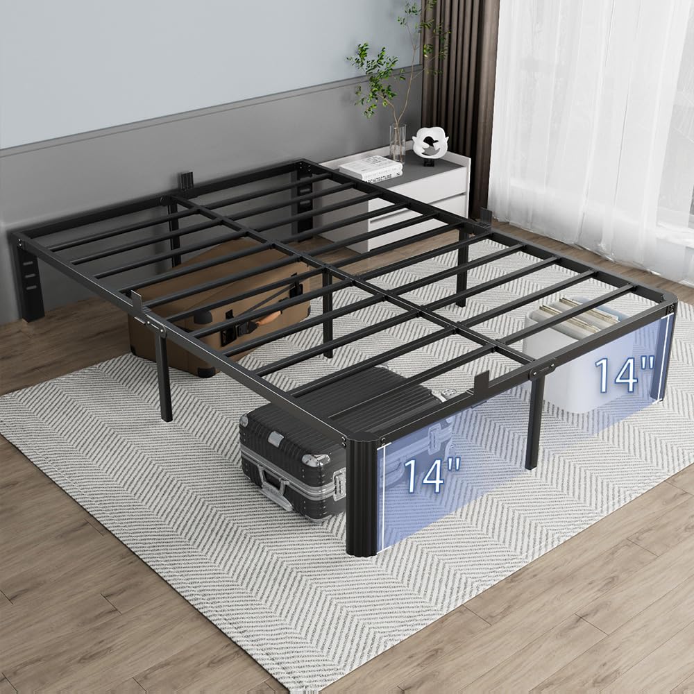 hiyuehome 14 inch Metal Queen Bed Frame with Rounded Corner and Headboard Hole Mattress Retainers 3500LBS Heavy Duty Steel Slats No Box Spring Needed Platform Noise-Free Easy Assembly hiyuehome