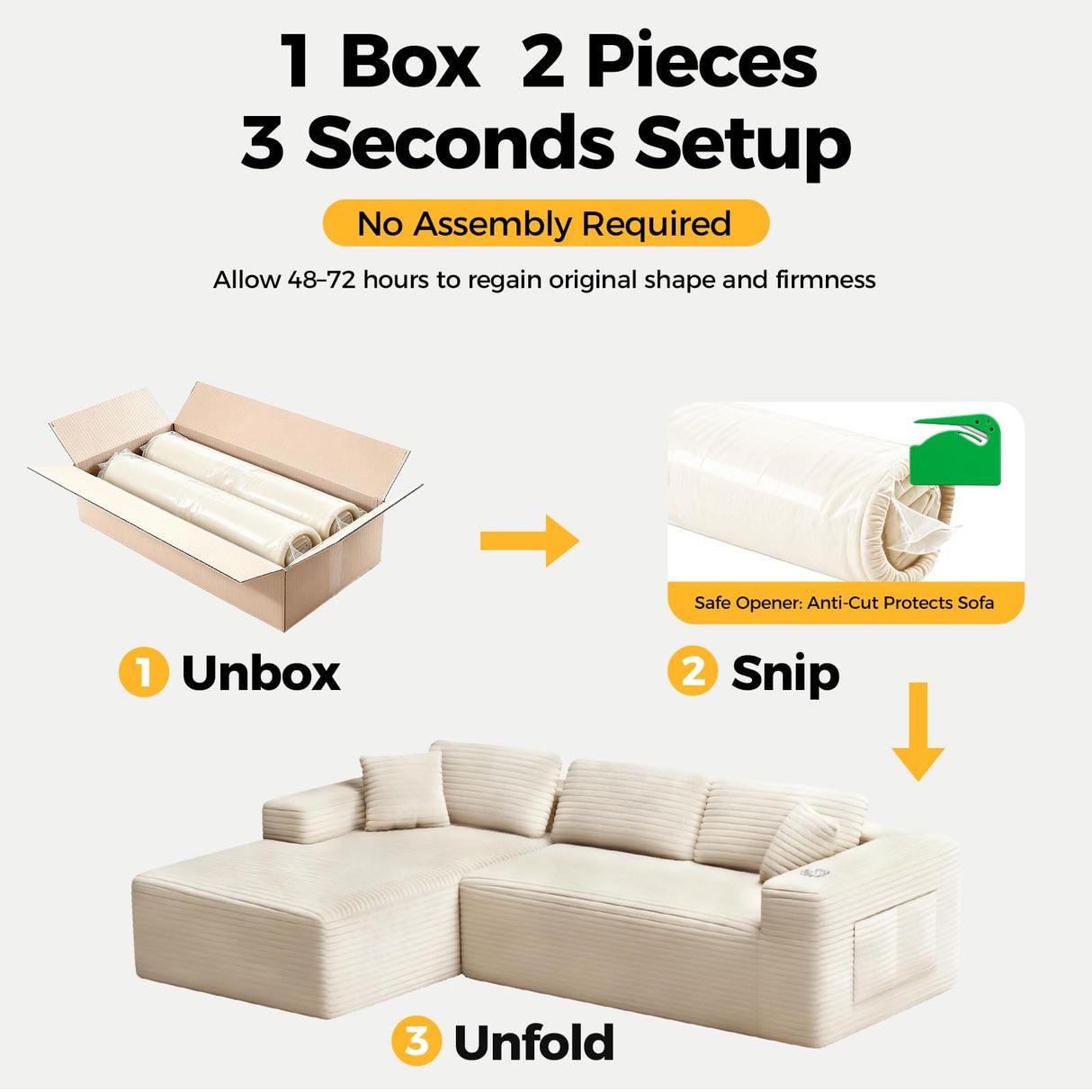 CAMMOO 108” Cloud Sectional Couch in One Box, Compressed Modern Modular Sectional Sofa with Deep Seat, Corduroy Boneless Couches with Chaise, L-Shaped Sofa for Living Room, 4 Storage Pockets(Beige) CAMMOO