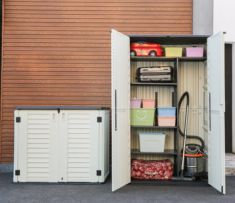 KINYING Outdoor Storage Cabinet Waterproof, Resin Vertical Outdoor Storage Shed for Patio Furniture, Garden Tools, Pool Accessories, Mower Storage (66 Cu.ft, Off White) KINYING
